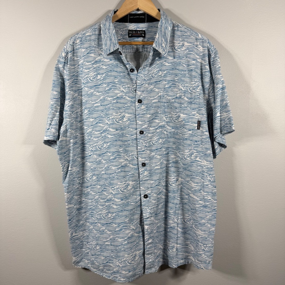 Baja Llama Wave Print Button Up Shirt Blue XXL